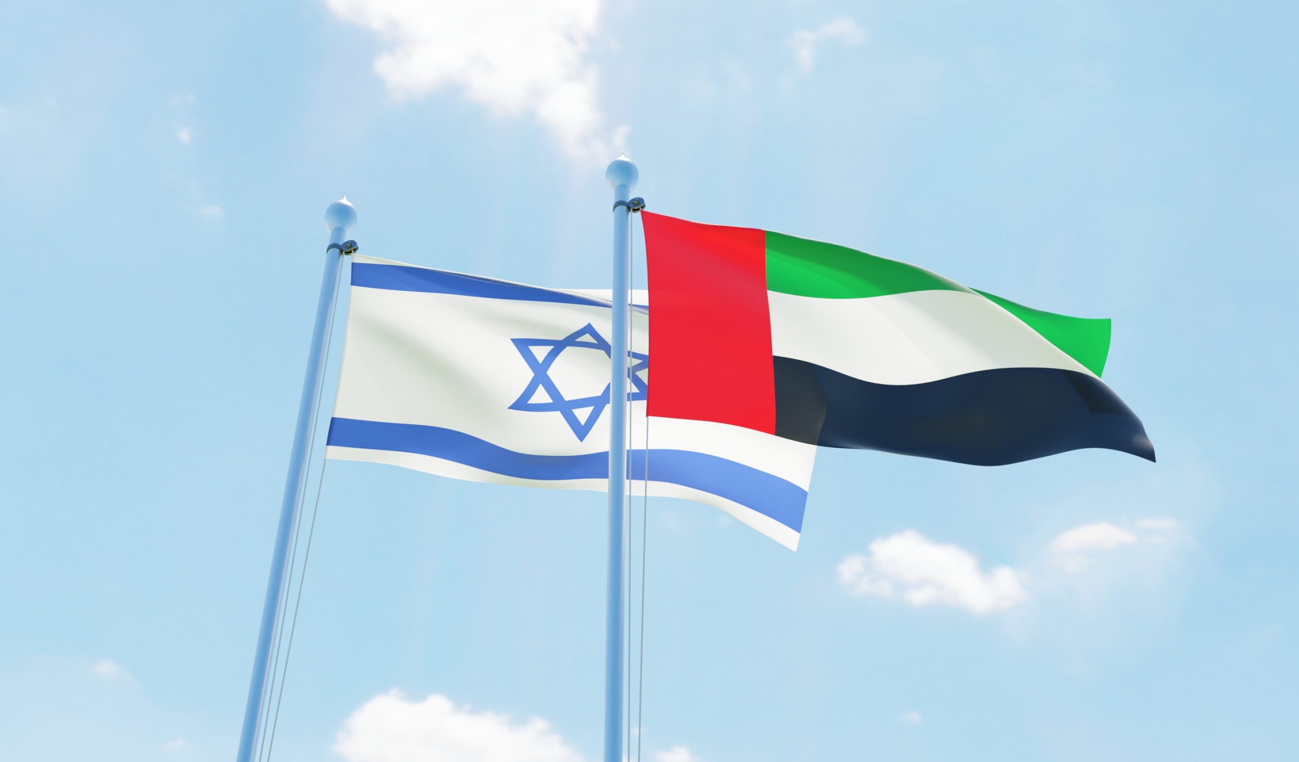 UAE and Israel, two flags waving against blue sky
