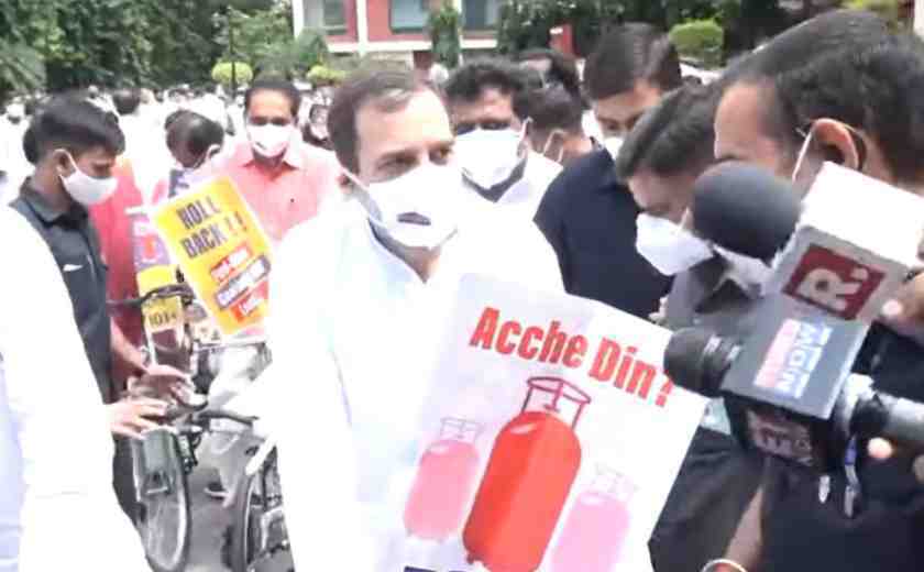 Rahul Gandhi leads cycle protest to the Parliament over Fuel Price Hike