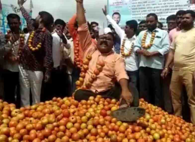 Tomato farmers protest in Maharashtra, take to the streets wearing garlands for not getting a fair price