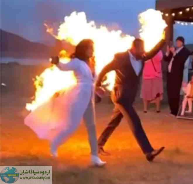 bride and groom set themselves on fire to make memorable wedding photos