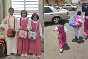 a saudi child carrying his two sisters bags provokes a wide interaction and the education administration surprises him