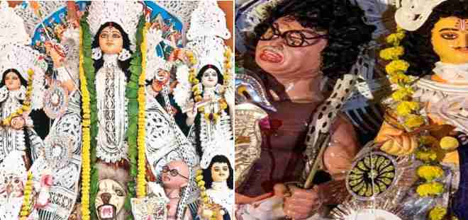 kolkata controversy over bapu being shown as an asura in hindu mahasabhas durga pandal