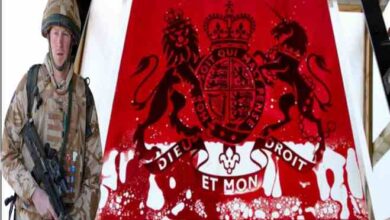 bloody art work goes on display in london to protest prince harrys role in the afghan war