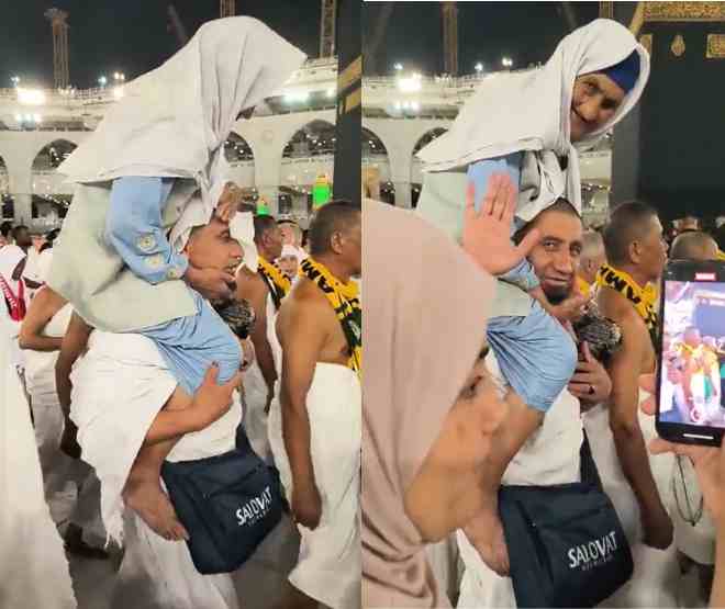 video of an umrah pilgrim carrying his mother mother on shoulders during umrah