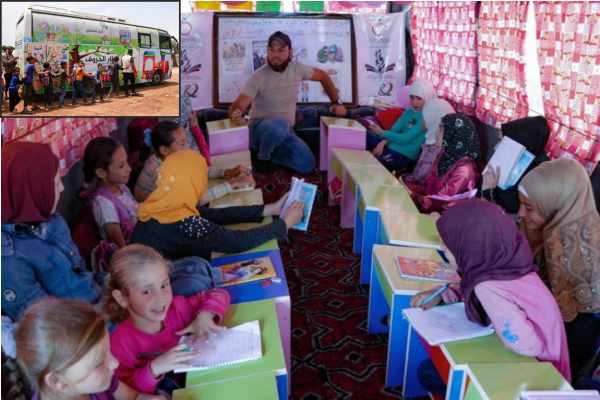 teaching children in mobile buses in northern syria after the earthquake