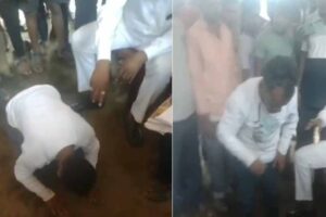 a former bjp mla devendra kunwar in jharkhand kicked a youth and forced him to lick his spit