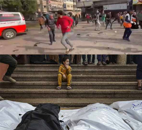 the terrible attack of the israeli army on khan younis hospital tens of people were martyred and injured